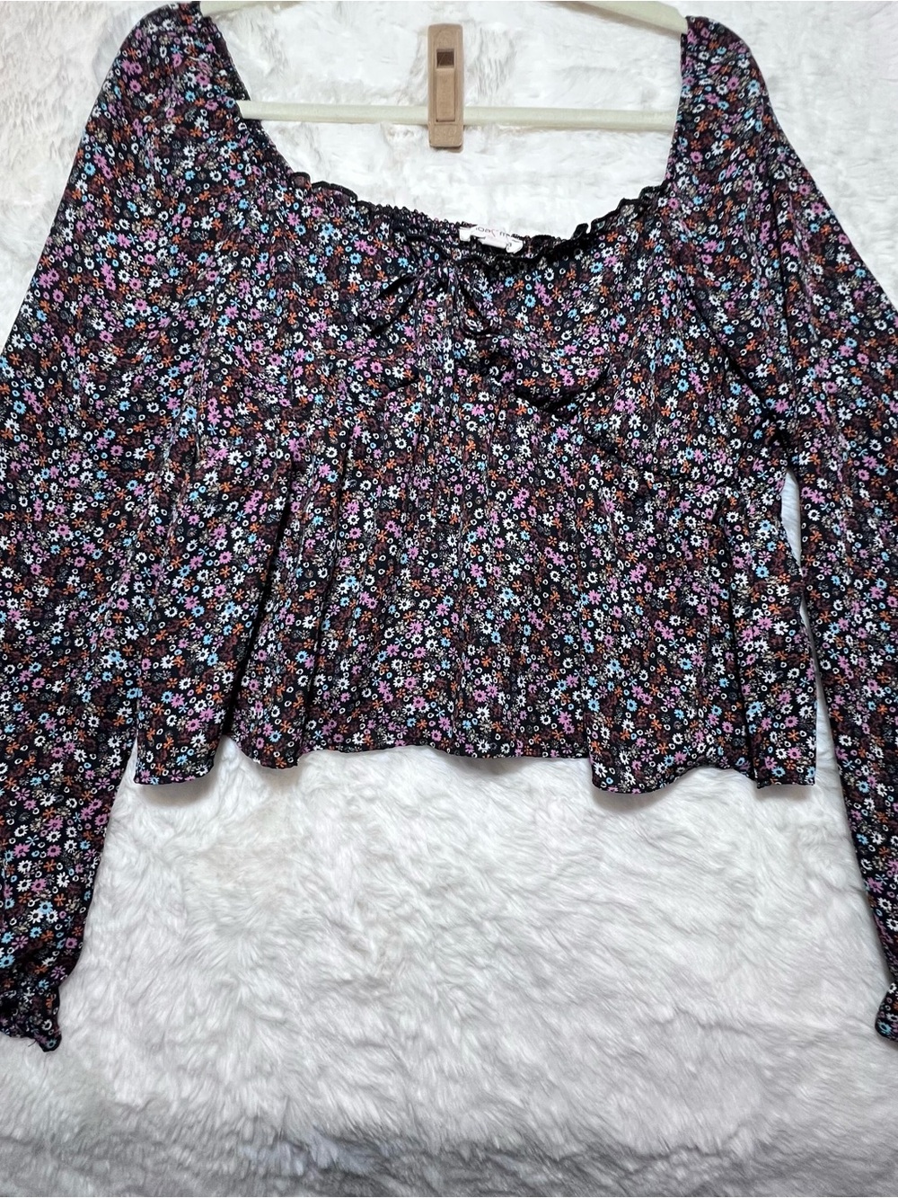 Moa Moa Black Floral Smocked Peplum Crop Top